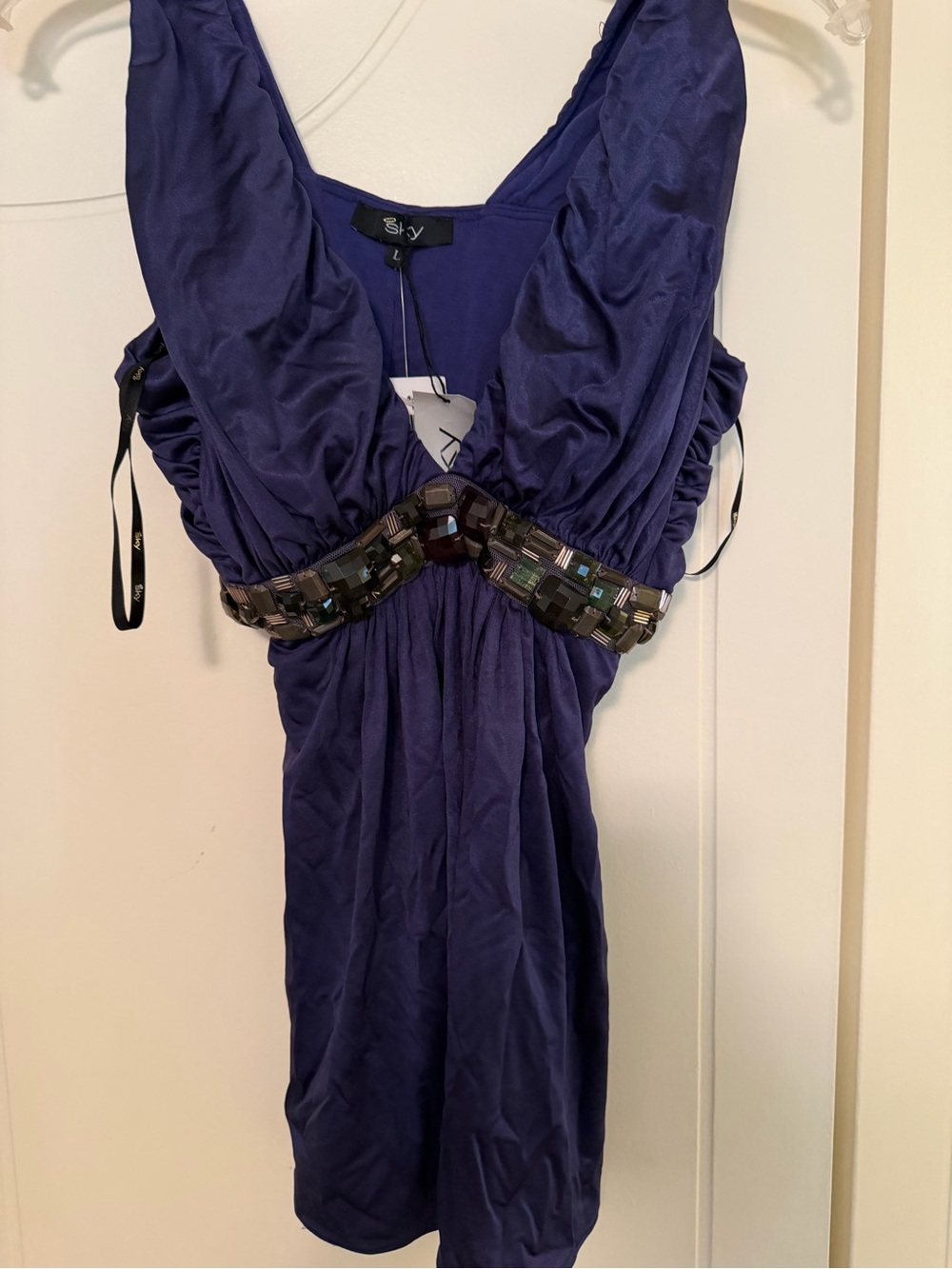 Sky Navy Blue V-Neck top with Beaded Waistband